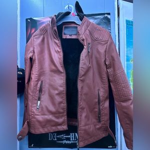 Brown men’s leather jacket. Soft inside with zipper hood